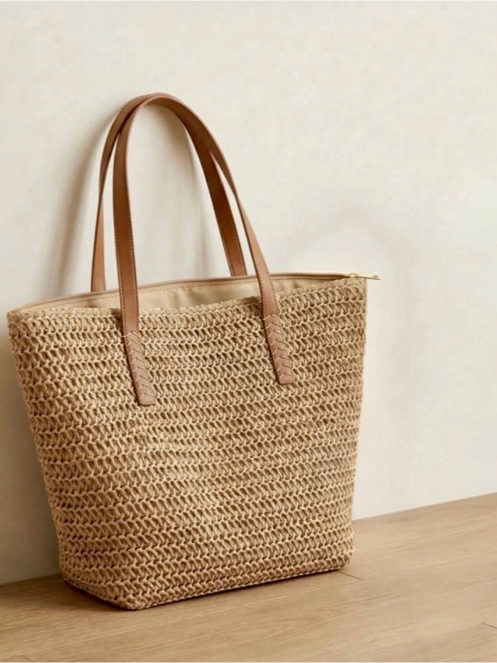 Natural Woven Tote with Tan Handles